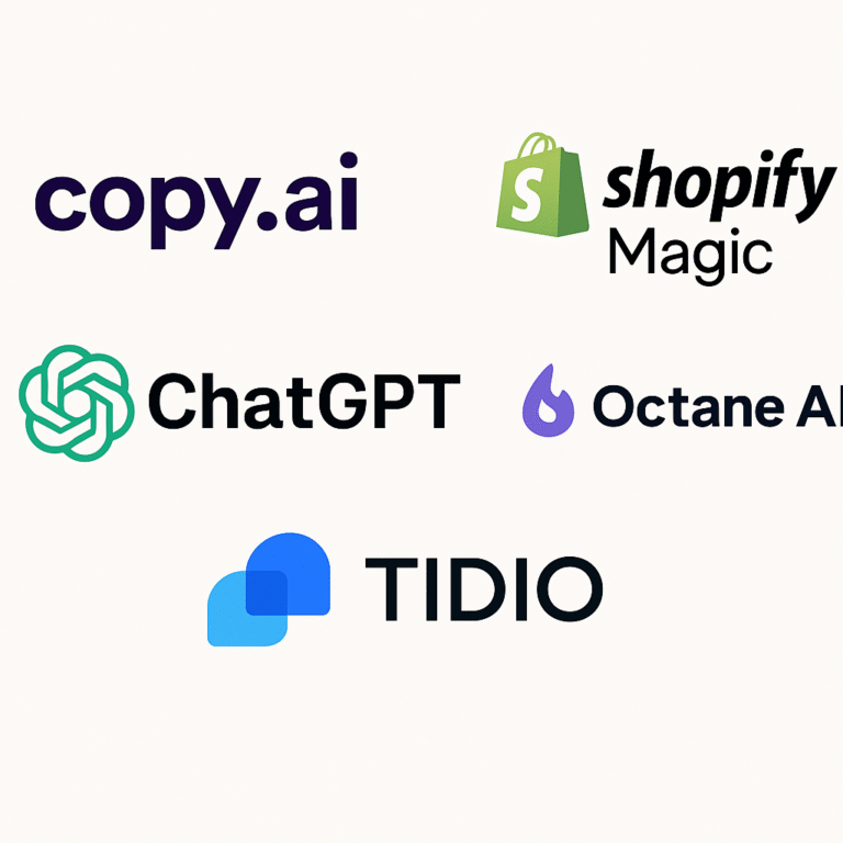 Logos of five leading AI tools for e-commerce in 2025: Copy.ai, Shopify Magic, ChatGPT, Octane AI, and Tidio AI displayed on a clean digital background.