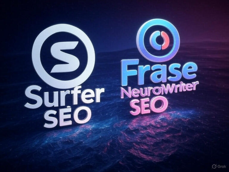 Logos of Surfer SEO, Frase, and NeuronWriter – the best AI SEO tools for 2025