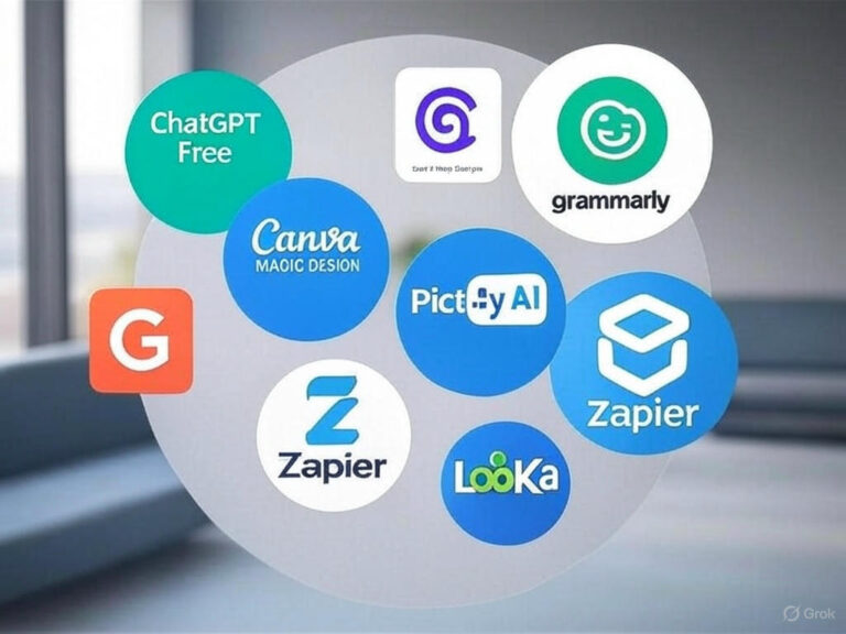 Logos of 7 free AI tools including ChatGPT, Canva, Grammarly, Pictory, Zapier, Looka, and Notion for small business productivity in 2025